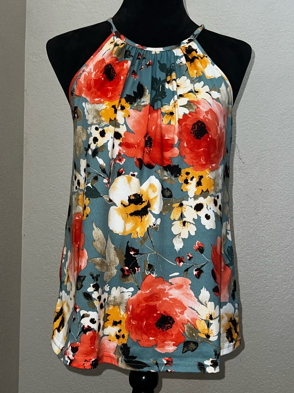 Papermoon Teal Floral Halter Camisole with Red & Yellow Blooms